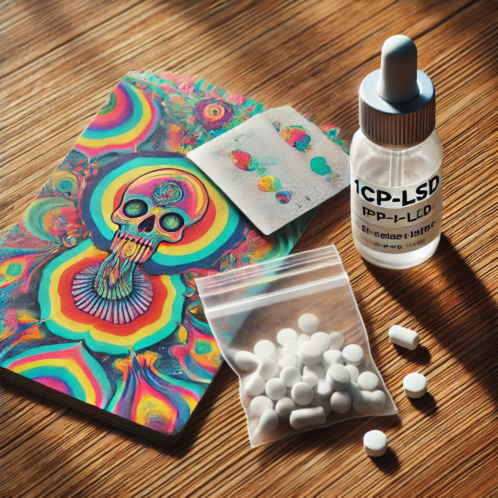 DALL·E 2024 07 28 22.11.08 A realistic image showing different forms of 1cP LSD including psychedelic blotter paper pellets and liquid. The blotter paper features a colorful